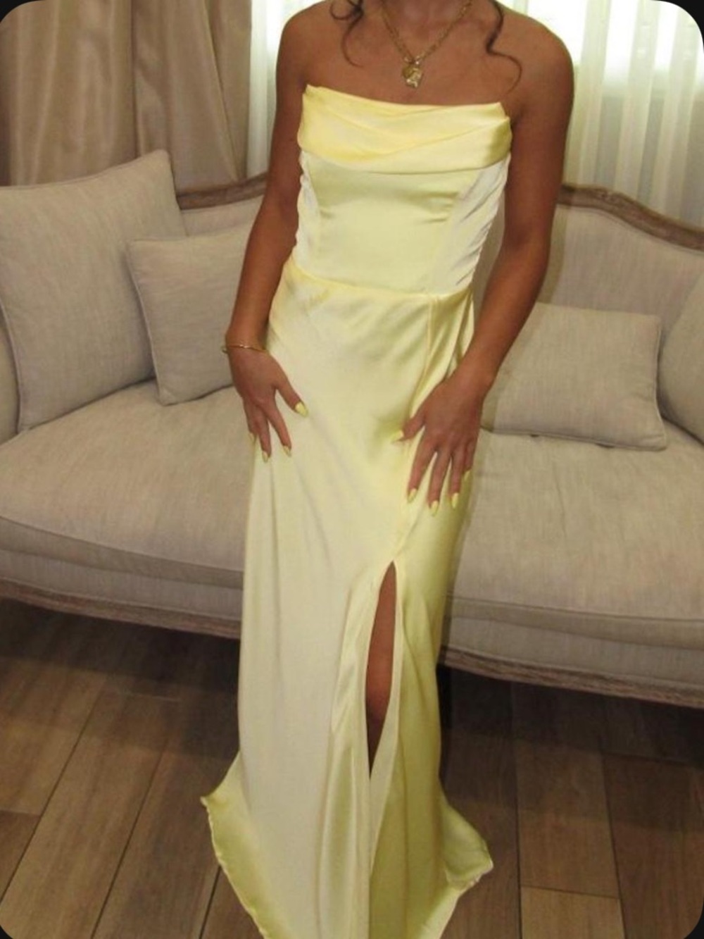 Birdy Grey Strapless Pale Yellow Satin Slit Gown